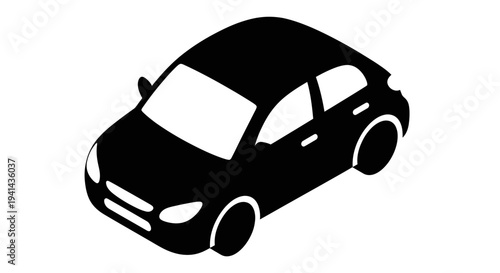 Isometric view of a modern compact car, sleek design, black silhouette, clean lines, minimalist vehicle icon, simple automotive graphic.