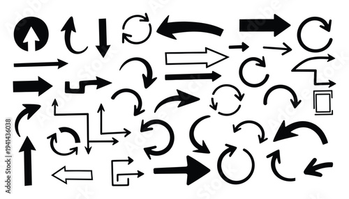 Collection of various black arrows on white background for directional indication