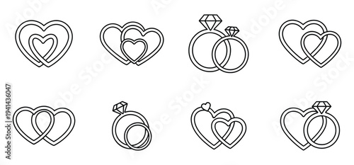 A collection of eight unique heart and pumpkin illustrations in black line art on a white background