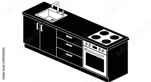Isometric view of a modern kitchen counter with sink, stove, and oven.