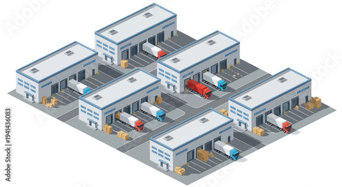Isometric View of a Modern Logistics Warehouse Complex with Trucks.