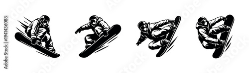 Set of snowboarder silhouettes in action black and white vector illustration