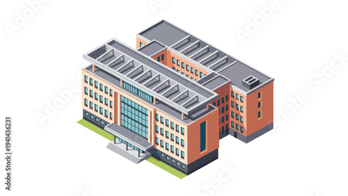 Isometric View of a Modern University Building Complex.