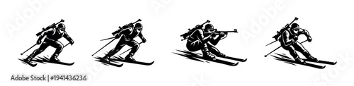 Biathlon skier silhouette set, vector illustration of skiing and shooting poses