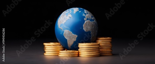 Wallpaper Mural Globe with stacks of coins spinning like treasure towers in the world finance maze Torontodigital.ca