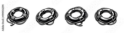 Nautical lifebuoy silhouettes vector set, black and white rope design elements