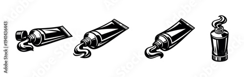 Vector illustration of toothpaste tubes in black and white silhouette set