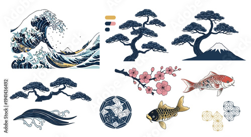 Japanese Ukiyo e Vector Elements Great Wave Motifs Cherry Blossoms and Mt Fuji Silhouettes