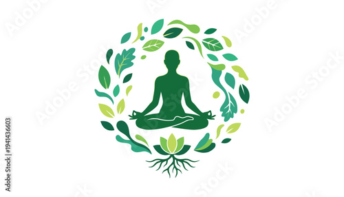 A green silhouette of a person meditating surrounded by leaves and a lotus flower