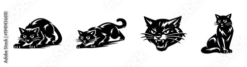 Black and white cat silhouettes, vector illustrations, fierce animal clipart set