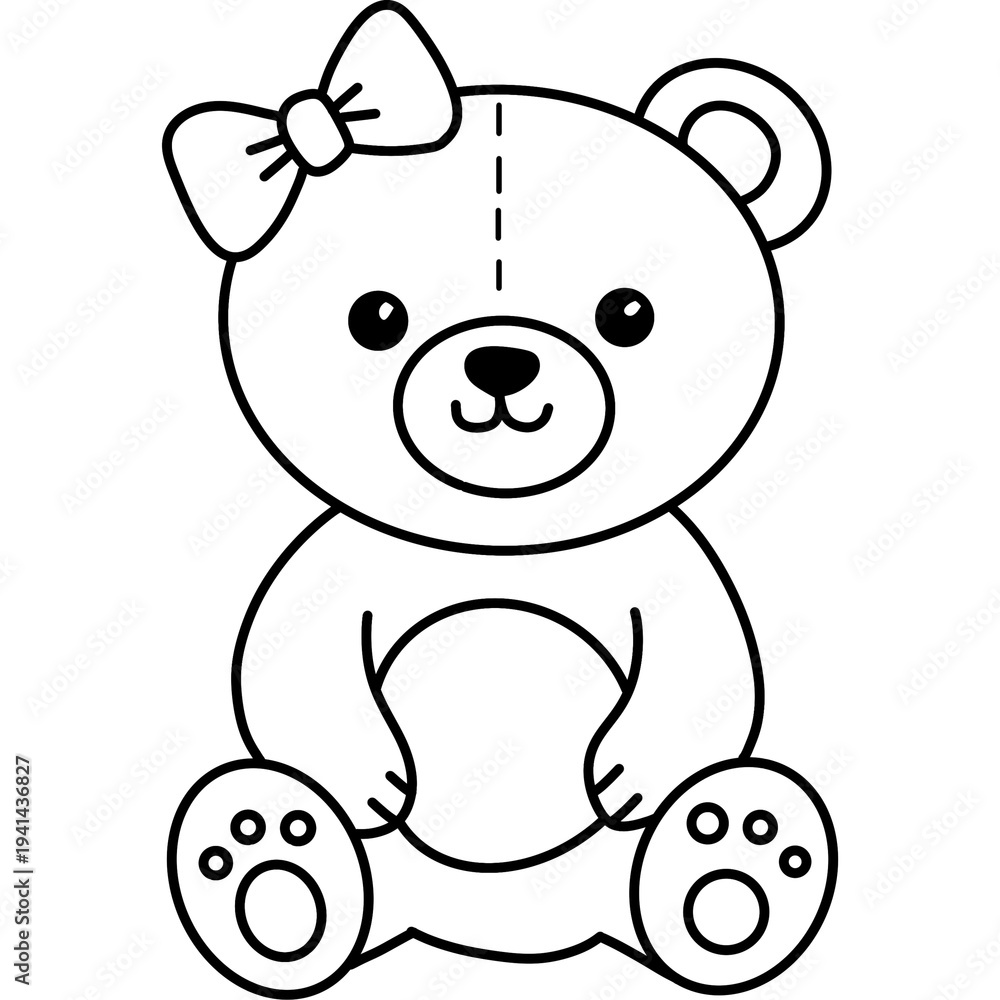 Naklejka premium Cute Teddy Bear Outline With Bow Sitting Front View Simple Line Drawing