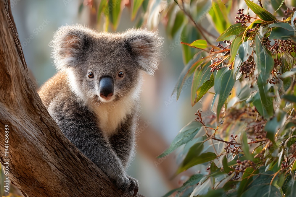 Fototapeta premium Koala chilling on a eucalyptus limb with leaves in a bright natural setting wide shot