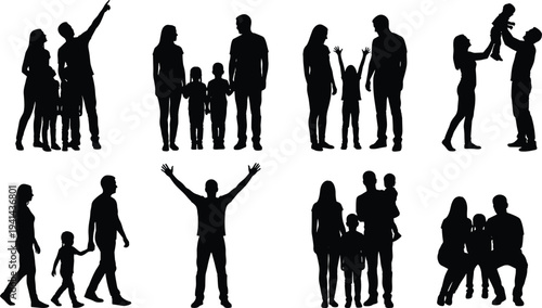 Flat vector illustration of family silhouettes, parents and children bonding, walking, lifting, everyday life artwork, social relationship design