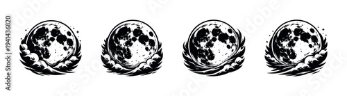 Black and white moon with wave silhouette vector illustration set