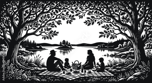 Flat vector illustration of family picnic silhouette, parents and children outdoors, lake scene artwork, leisure bonding design, nature relaxation concept