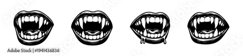 Vector illustration of vampire fangs mouth silhouettes in black and white