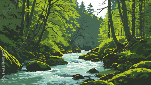 Crystal Clear River in Lush Forest with Mossy Rocks Landscape Photography