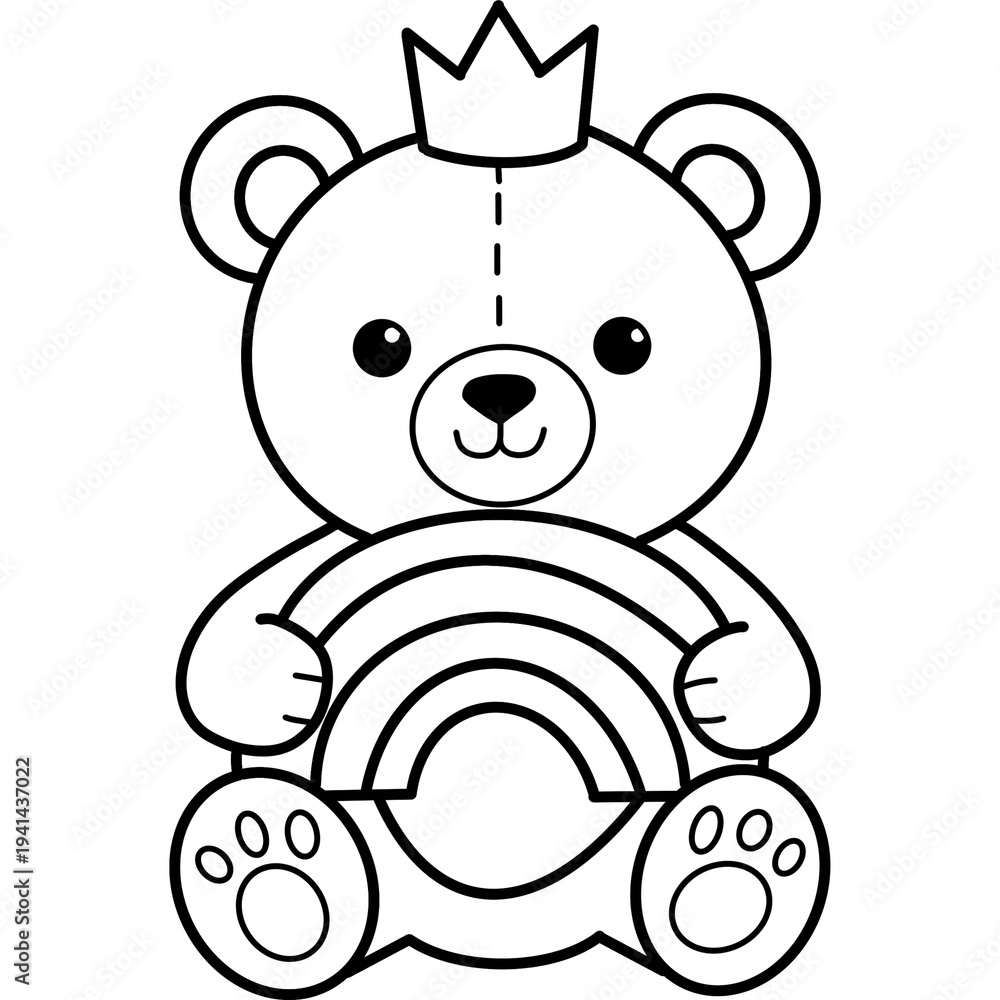 Fototapeta premium Outline Drawing Of A Cute Teddy Bear Wearing A Crown Holding A Rainbow Coloring Book Page