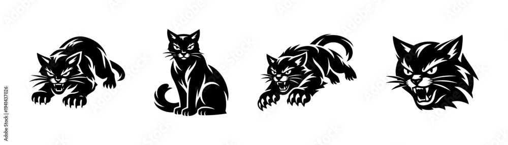 Obraz premium Black and white cat silhouettes set illustrating various aggressive poses