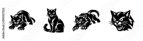 Black and white cat silhouettes set illustrating various aggressive poses