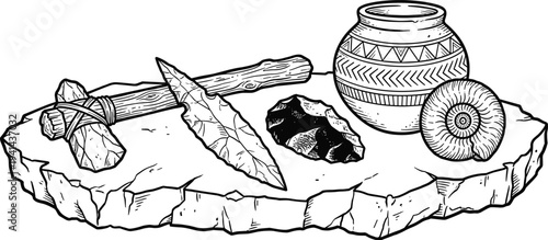 Flat vector illustration of ancient artifacts collection, stone axe, flint spearhead, 