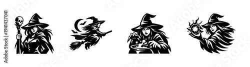 Black and white vector set of witches in halloween themed illustrations