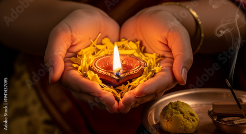 Yogini Ekadashi, close-up of graceful hands holding a small clay diya lamp and yellow flower petals, a traditional copper plate with sandalwood paste and incense smoke in the frame