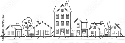 Flat vector illustration of suburban street scene, row of houses, residential neighborhood design, peaceful community artwork, architectural diversity