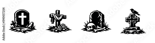 Vector silhouette of graveyard elements with tombstones and gothic symbols