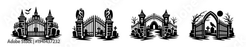 Black and white graveyard gate silhouette set with gothic elements