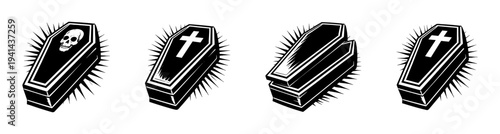 Set of coffin illustrations with cross and skull motifs black and white vector