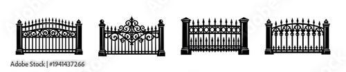 Set of decorative iron gates in black silhouette style vector illustration
