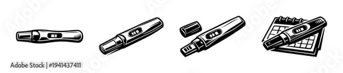 Vector illustration of pregnancy test kit silhouettes with calendar element in black and white