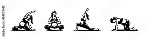 Pregnant women practicing yoga poses in vector silhouette illustration set