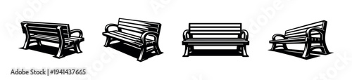 Set of four vector bench illustrations in black and white silhouette style