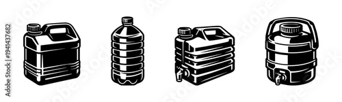 Black and white vector illustration of plastic bottles and containers silhouette set