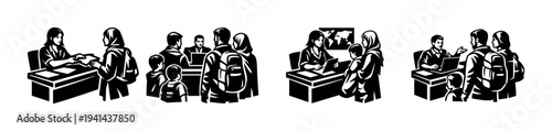Black and white vector illustrations of people in office interactions silhouette style