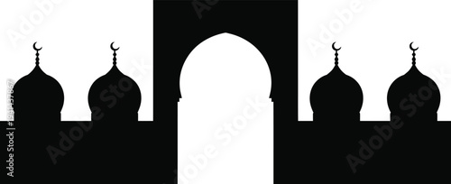 Islamic Mosque Silhouette with Crescent Moon Domes and Archway
