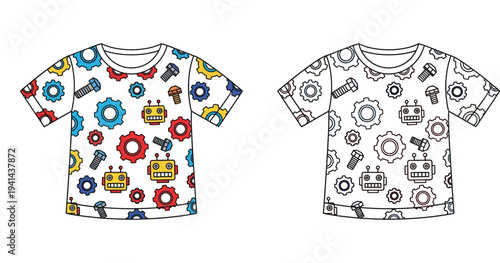 Vector kids t-shirt mockup design featuring cute robot, gears, and bolts pattern. Includes colorful version and black and white coloring page outline template.