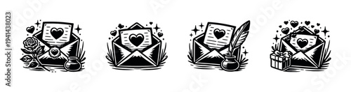 Black and white romantic envelope illustrations with floral and heart motifs