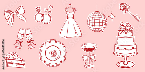 Hand drawn marriage set. Wedding celebration romantic elements, cute doodle icons with bride groom rings cake flowers champagne.For invitations and cards.
