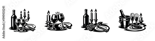 Elegant wine and candle silhouette set with bottles glasses and roses in black and white