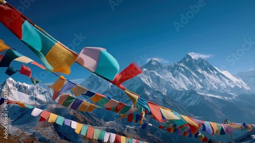 Colorful Tibetan prayer flags fluttering in strong wind. Snow-capped Himalayan mountains in the background under a clear blue sky. High altitude trekking and spiritual culture in Nepal