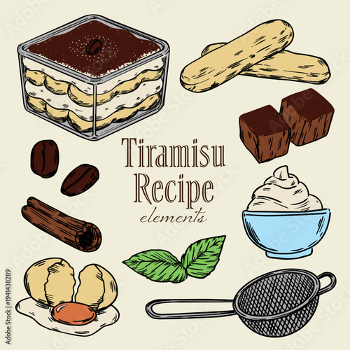 Hand drawn Delicious Italian Dessert Tiramisu recipe illustration