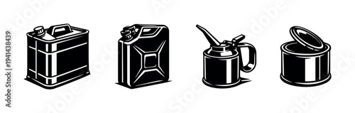 Black and white vector illustration of fuel and oil containers silhouette set