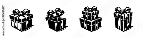 Vector illustration of gift boxes with ribbons in black and white silhouette style
