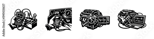 Automotive diagnostic tools set in black and white vector style