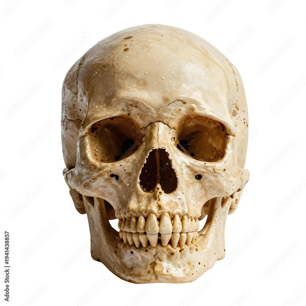 Obraz premium Human skull in front view is displayed against a plain white backdrop