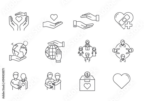 Charity and Helping Hands Line Icons Set – Compassion, Donation and Community Support Outline Vector Collection