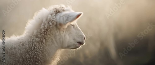 Close-up of a young white lamb looking at the camera and turning its head. Soft golden hour lighting with rim light on wool. Agriculture and spring concept. Copy space for text
